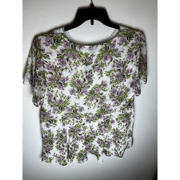 Torrid Size 2X Peplum Chiffon Clip Dot Lace‎ Inset Top White Pink Floral V Neck - Picture 2 of 14